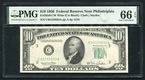 FR. 2010-CW 1950 $10 WIDE FRN PHILADELPHIA, PA PMG GEM UNCIRCULATED-66EPQ - Picture 1 of 2