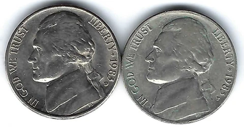 1983-D & P Circulated Jefferson Nickel Five Cent (Two Coins)! Cover