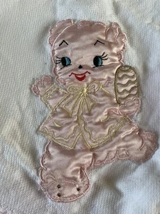 Vintage Baby Blanket Throw With Pink Lace Trim Satin Appliqué 38.5” - Picture 1 of 4