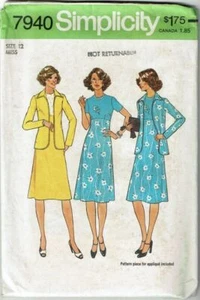 PARTIAL CUT Simplicity Sewing Pattern 7940 Dress Unlined Jacket Miss Size 12 - Picture 1 of 2
