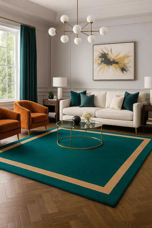 Minimalist Teal Border Rug Modern Geometric Area Carpet for Living Room Bed room - Image 1 of 4