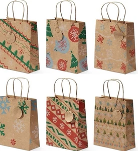 24 Pcs Christmas Kraft Paper Bags with Handles & Labels 22cm Gift Packaging - Picture 1 of 5
