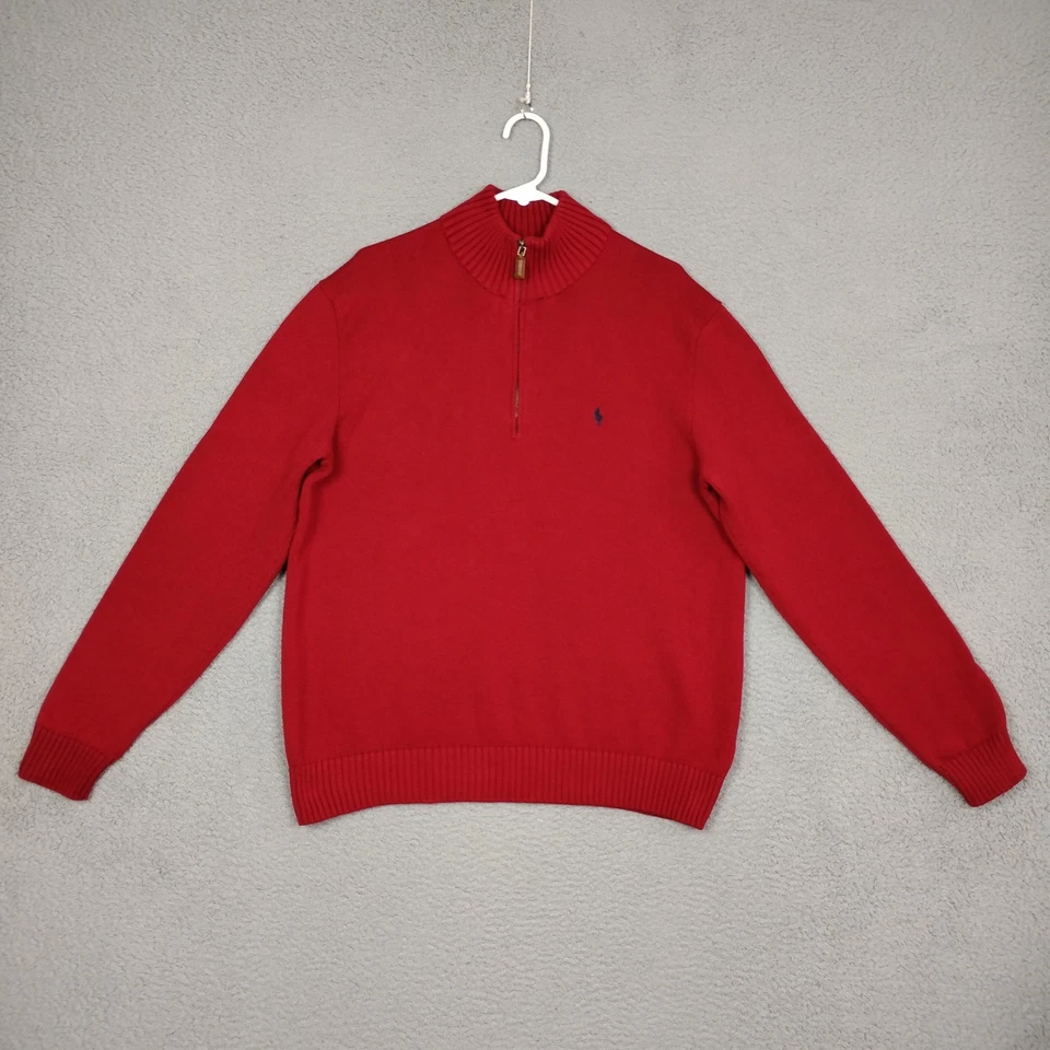 Polo Por Ralph Lauren Suéter Para Hombres XL Rojo 1/4 Cremallera Cuello Simulado Tejido Algodón Pullover Foto 1 de 4