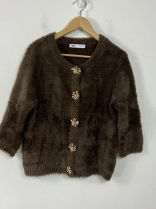 Zara Chocolate Brown Cozy Fuzzy Knit Cardigan w/ Metal Floral Button Snaps Sz S - Bild 1 von 17