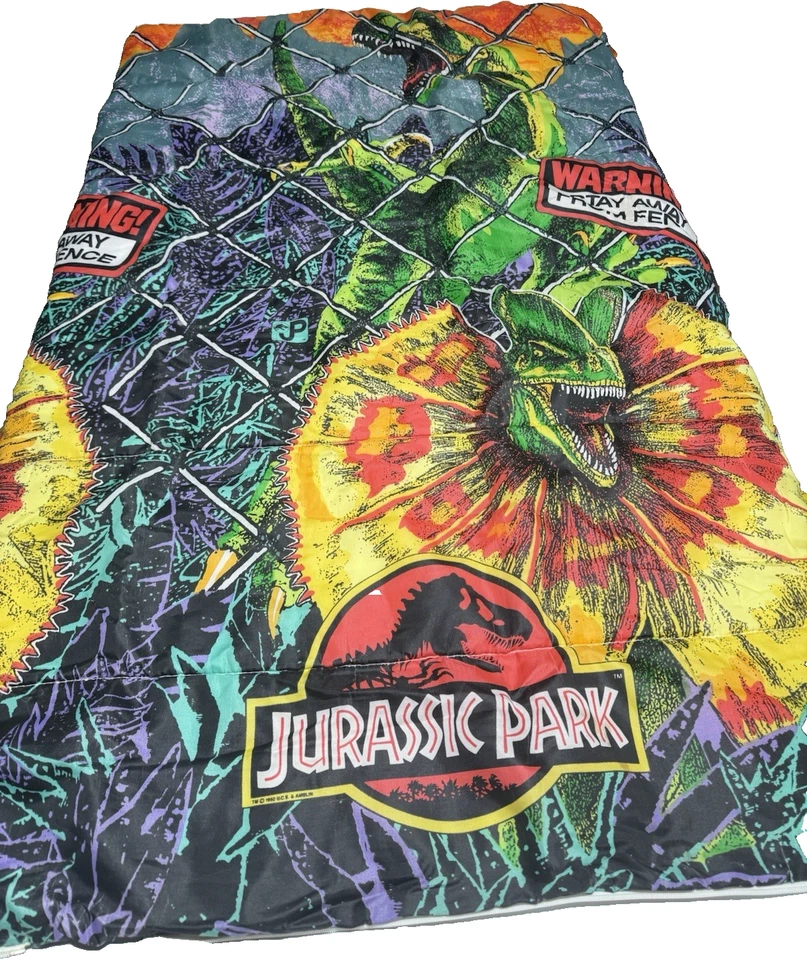 "Saco de dormir Jurassic Park Dilophosaurus Velociraptor 30"" X 57"" 1992 vintage" Foto 1 de 4