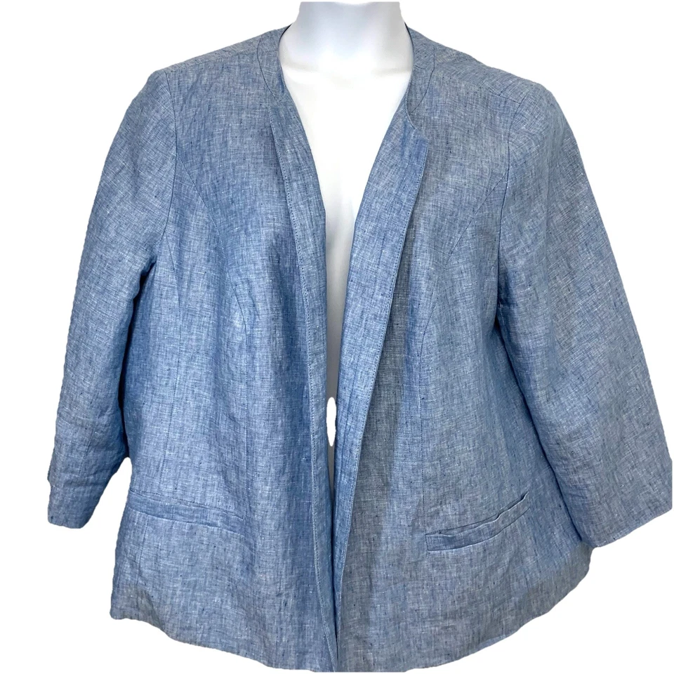 Talbots Linen Blazer Jacket Open 22W Blue Lined Pockets Business Casual Office - Image 1 of 4