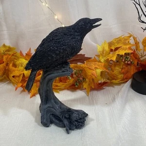 Halloween Resin Black Crow Raven On A Branch Figurine Decor Prop Decor 10.5" New - Picture 1 of 6