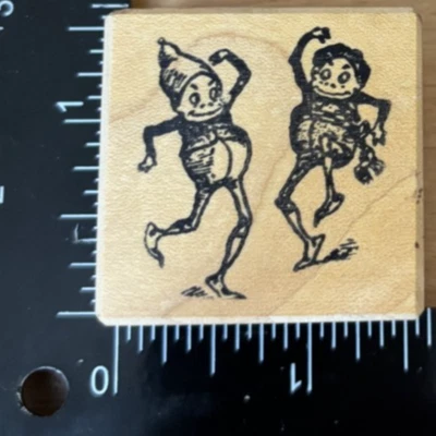 Polperro Wood Rubber Stamps 2 Brownies Elves Fairies Pixies dancing Foto 1 de 4