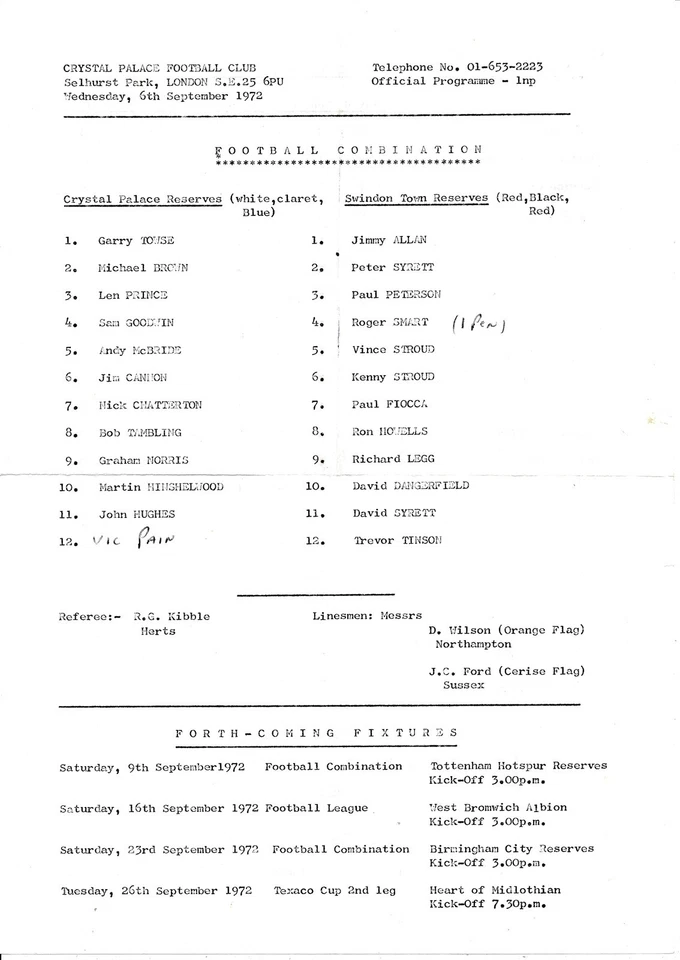 Crystal Palace Reserves v Swindon Town (Combination) 1972/1973 - Image 1 of 1