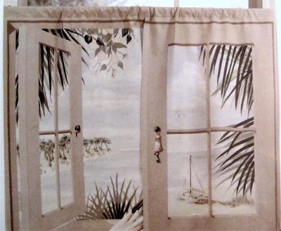 Juego de cortinas de café arte ventana mural ISLAND RETREAT escena con niveles de velero 44 x 24 Foto 1 de 2