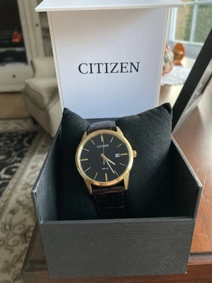 Relógio masculino Citizen quartzo mostrador preto couro marrom escuro BI5002-06E - Imagem 1 de 4