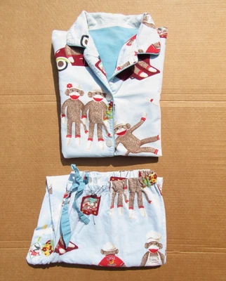 罕见 Nick & Nora 棉睡衣套装 顶部袜子 猴子汽车 电视 保龄球库克 M — 第 1/4 张图片