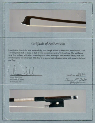 A very fine French certified violin bow made by Jean Joseph Martin ca. 1880. - Image 1 of 4