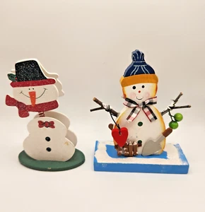 Lot of 2 Wooden Snowman Figures Winter Holiday Scene - Picture 1 of 2