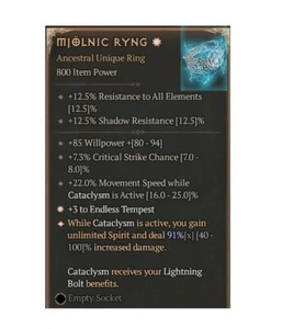 Diablo 4 Season 8 Mjolnic Ryng 1GA 91% Unique Ring Druid Gear Item Equipment - Picture 1 of 4