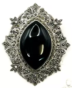 Broche prendedor colgante de plata de ley de ónix negro y piedras preciosas de marcasita - Imagen 1 de 5