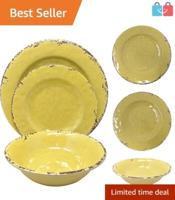 Service for 4: 12-Piece Yellow Melamine Dinnerware Set with Rustic Edge Pattern - Image 1 of 4