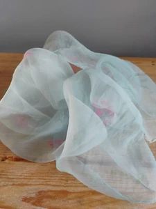 Fine Vintage Baby Blue Silk Screen Printed Square Silk Scarf Peony Pink White - Picture 1 of 6