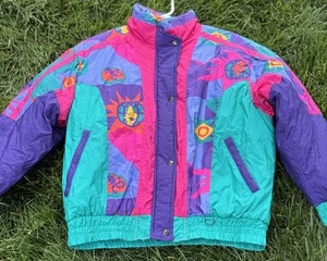 80s Vintage Color Block Puffer Rainbow West Jacket Wind Breaker Coat Medium - Picture 1 of 12