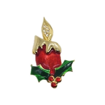 Christmas Pin Candle Brooch Enamel Pin Vintage Holiday Jewelry Holly 2 in - Image 1 of 4