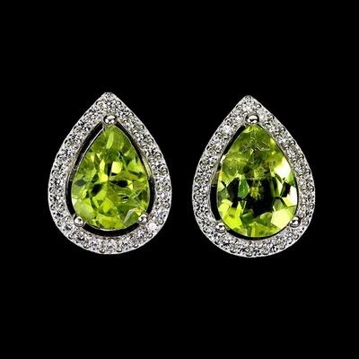 925 Sterling Silver Earrings Pear Peridot 10x7mm Natural Gemstone Jewelry - Image 1 of 4