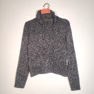 M&S Rollkragenpullover 10 schwarz weiß meliert Wolle Seide Mischung Struktur Grobstrick UK - Bild 1 von 10