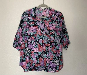 Women’s XL Multicolored Vintage Floral Button Front Collared Half Sleeve Blouse - Picture 1 of 9