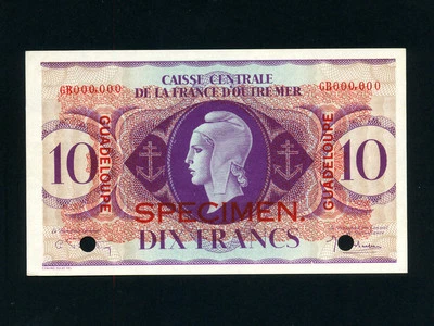 Guadeloupe:P-27s,10 Francs,1944 * Marianne * Specimen * UNC * - Image 1 of 2