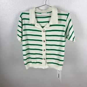 Q2 Polo Terry Shirt Womens M Kelly Green Stripe Retro Preppy Academia Twee - Picture 1 of 7