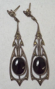 Vtg ART DECO Sterling Silver Black Onyx & Marcasite Long Pierced Dangle Earrings - Picture 1 of 19
