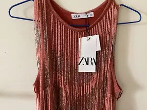New Zara Vestito mini dress maglia frange perline beads fringe s limited top - Foto 1 di 3