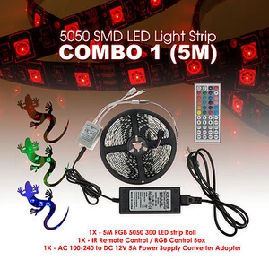 5M 5050SMD RGB 300 LED Strip Light Kit w/ 44 Key Remote 2 Outlet 5A Power Combo - Picture 1 of 9