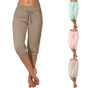 Summer New Casual Cropped Elastic Pants Casual Solid Color Shorts Women's Pants - Picture 1 of 95