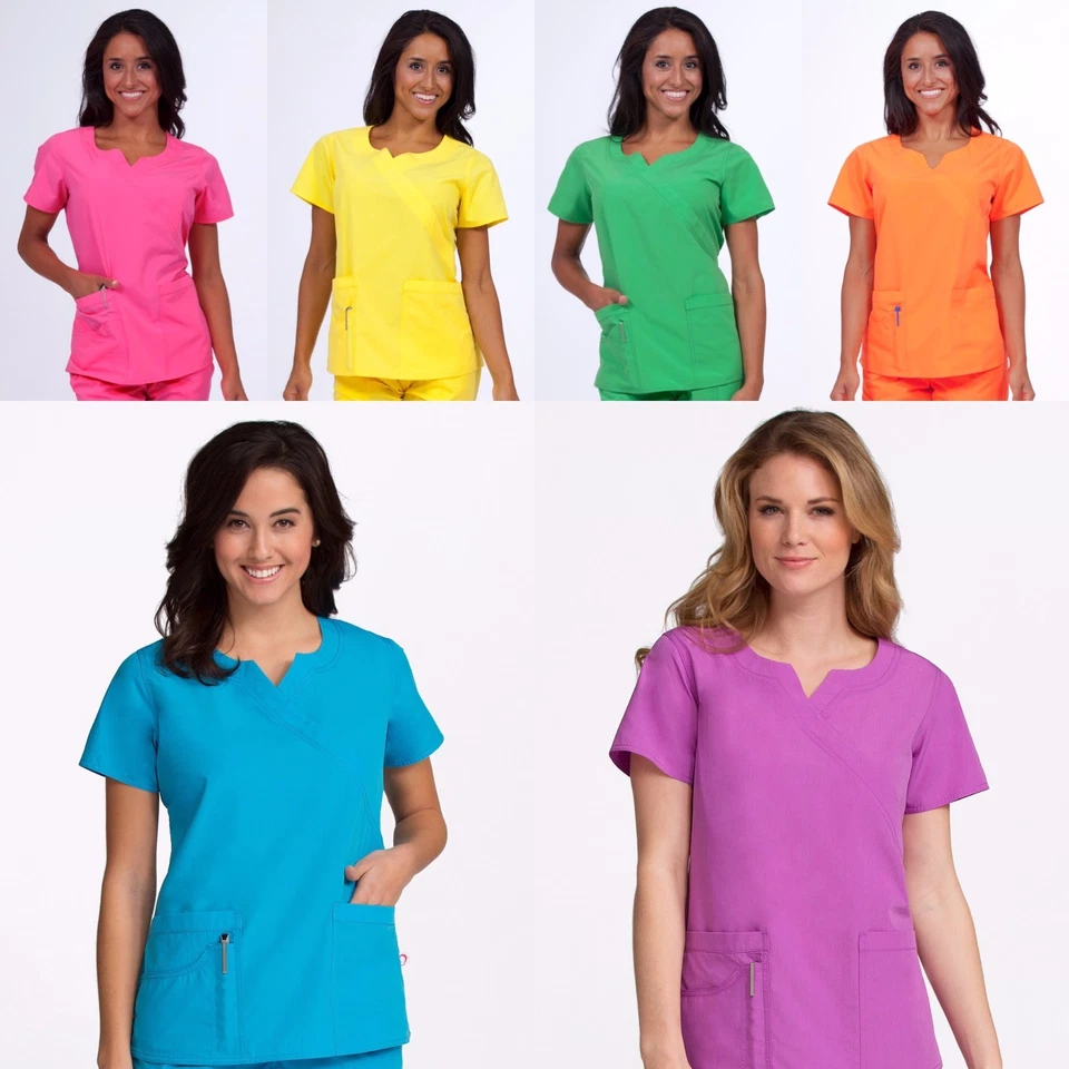 NEW WOMEN PEACHES NURSING UNIFORM BOLD BRIGHT BANDED CROSSOVER SCRUB TOP #4992 - Image 1 of 1