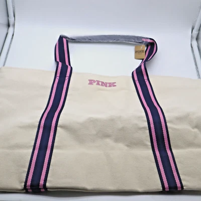 Victoria's Secret Pink Signature Canvas Tote Bag Navy & Pink Strap - NEW - Image 1 of 4