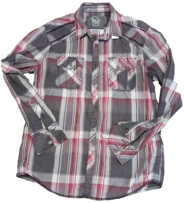 Camisa BKE Western Masculina Média Slim Fit Xadrez Vermelha Manga Longa Botão para Cima Cowboy - Imagem 1 de 4