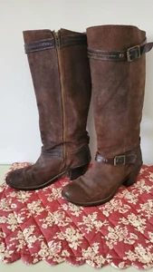 FRYE CARMEN 77384 DISTRESSED ROUGH OUT LEATHER DUAL BUCKLE RIDING BOOTS SIZE 7 B - Picture 1 of 12