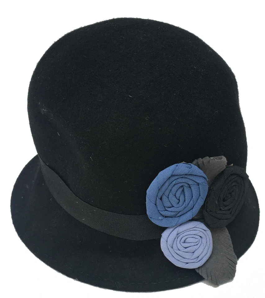 Black Wool Felt Cloche Hat with flowers on the side (h3) - Image 1 of 1