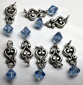 Tropfen, 8 antike silberne Zinnherz mit Lt Saphirblau Swarovski Kristalle * - Bild 1 von 3