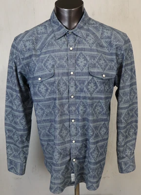 Mens Lucky Brand Blue Shirt XL Button Front Cotton Denim Native Aztec Pearl Snap - Image 1 of 4