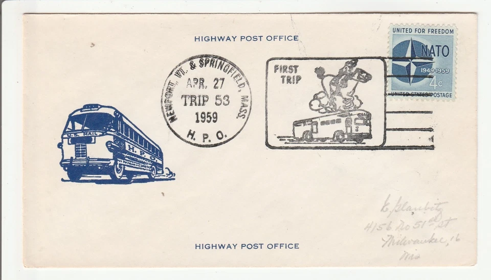 U.S. 'Cover' H.P.O. 'Newport, VT & Springfield, Mass. Trip 53 1959' - Image 1 of 1
