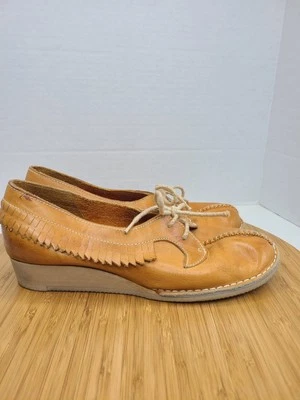 Vntg 70s Moccasins 7B Town And Country Wedge Heel Tan Leather Shoes Womans  - Image 1 of 4