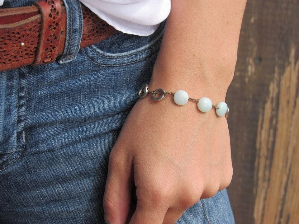 Moeda feminina de crochê feita à mão Amazonita e pulseira de prata em cordão sépia boho - Imagem 1 de 1