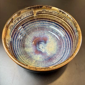 Vintage Signed Studio Pottery Bowl 8x3 Raku Style Glaze Blue Purple Earth Tones - Picture 1 of 7