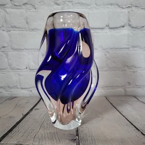 Vintage Chribska Tschechische gedrehte kobaltblaue Kunstglasvase von Joseph Hospodka - Bild 1 von 8