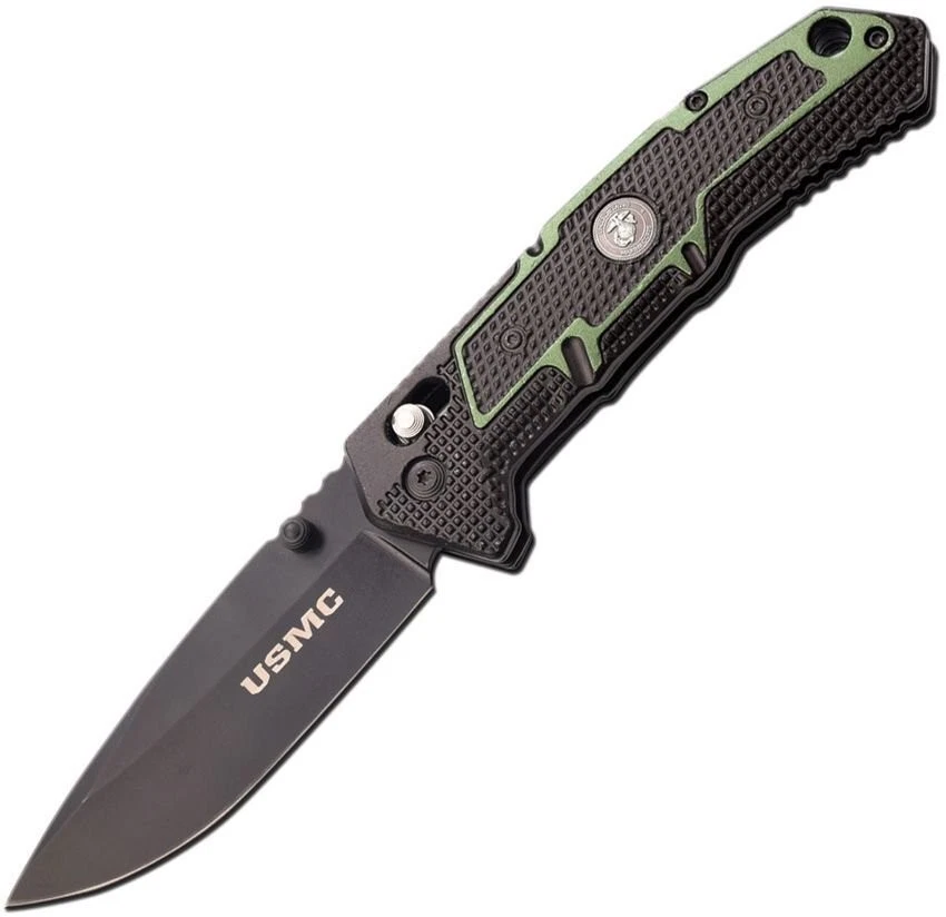 Cuchillo Plegable Rápido USMC 3Cr13 Hoja de Acero Negro/Verde Aluminio - M-1064GN Foto 1 de 1