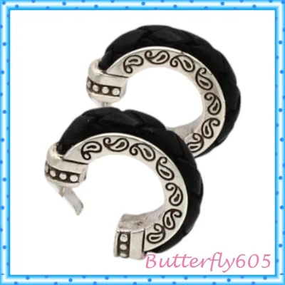 Brighton Ophelia Black Leather Braided Hoop Post Earrings - Image 1 of 3