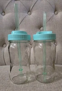 Vintage Ball Spiral Mason Jar With Teal Sip Lid/straw Set Of 2 16oz - Picture 1 of 8