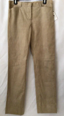 Calvin Klein Leather Woman Retro Pants Straight Leg Beige Striped Made In Italy - Image 1 of 4