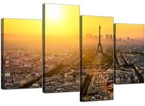 Large Paris Eiffel Tower Yellow Canvas Wall Art Prints Pictures 4153 - Picture 1 of 9